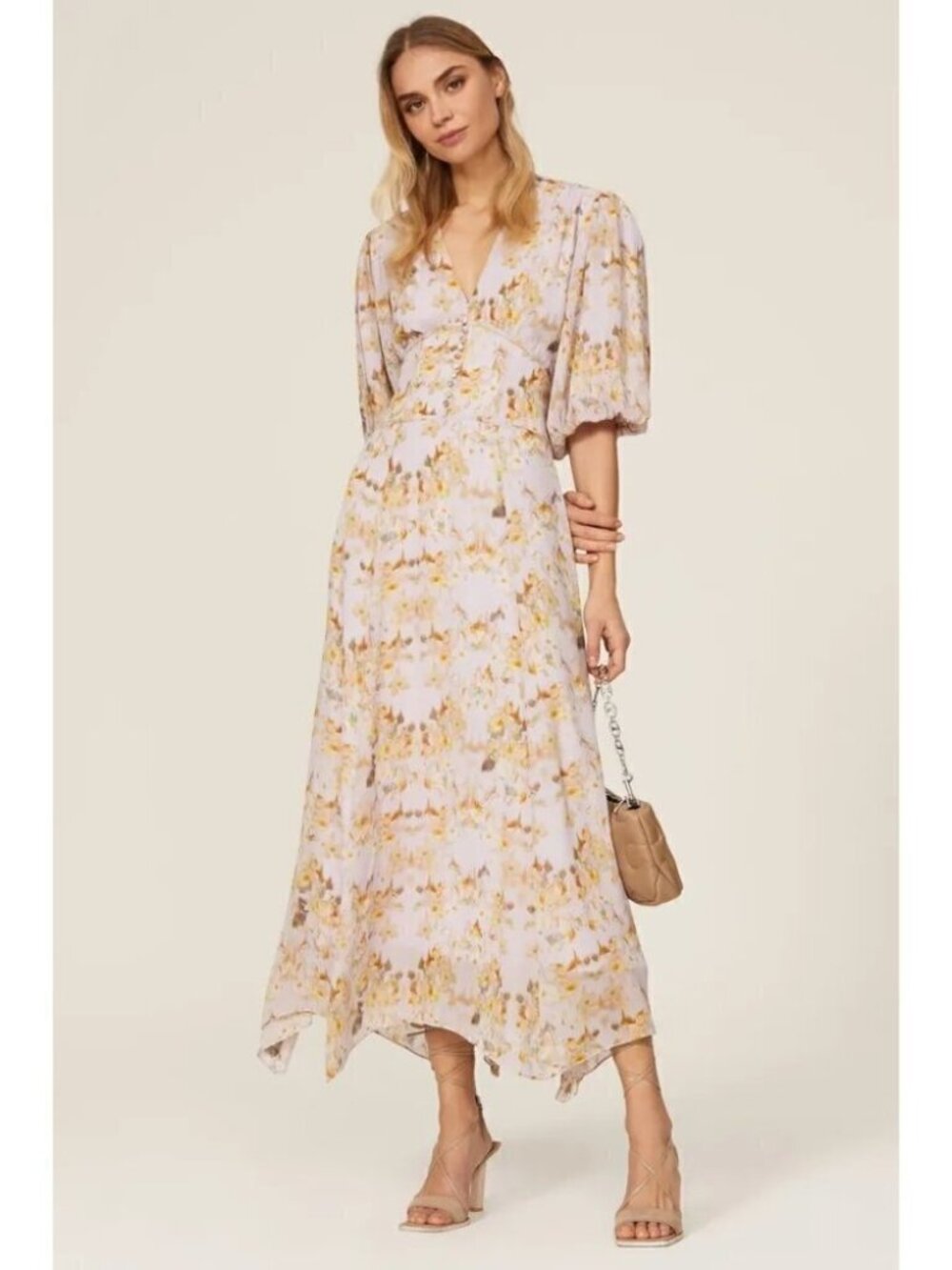 ALLSAINTS Aspen Momo Maxi Dress Flowy Peach Blossom Corset Chiffon Puff Sleeve